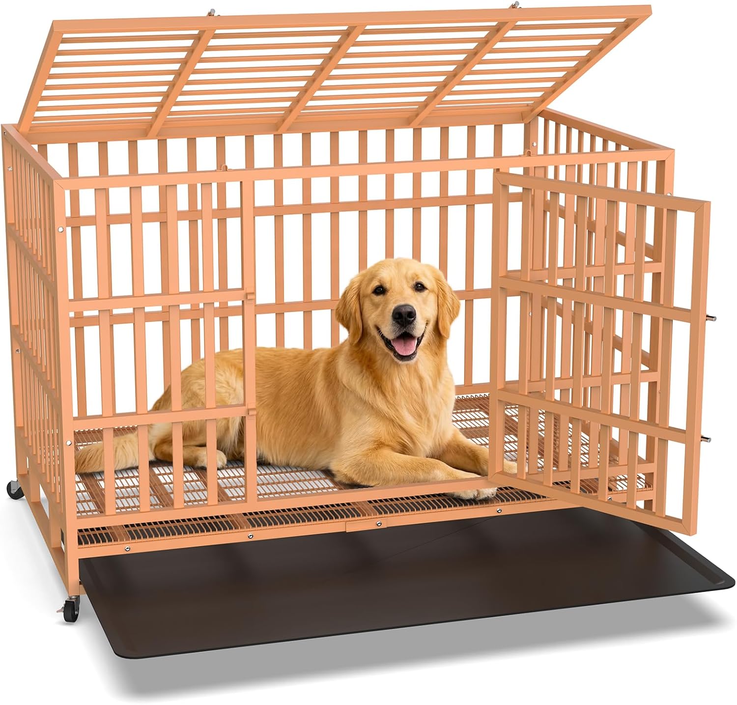 48 Inch Heavy Duty Dog Crate, Indestructible Escape-Proof Dog Kennel for High Anxiety Large Dogs, Strong Metal Pet Cage with Double Doors, Lockable Wheels & Removable Tray, XL XXL XXXL
