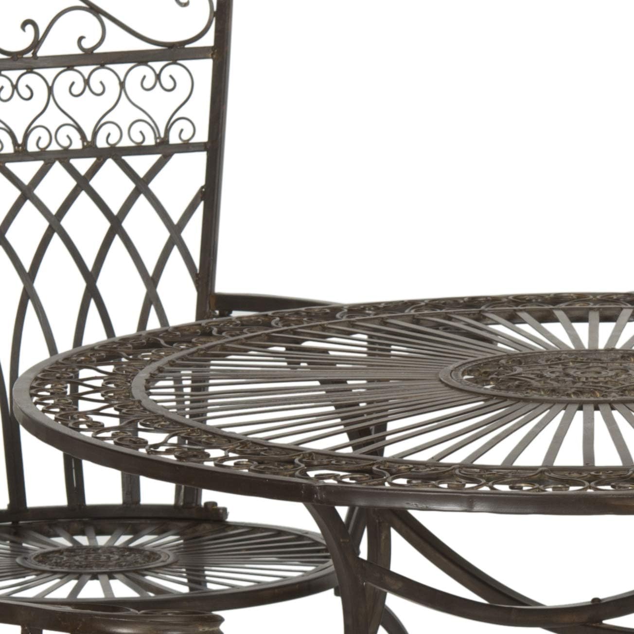 SAFAVIEH Outdoor - Thessaly 5-Piece Bistro Dining Set - Rustic Brown Iron Metal - Vintage Victorian Scrollwork - Ideal for Patio, Deck, Porch, Garden (PAT5003B)