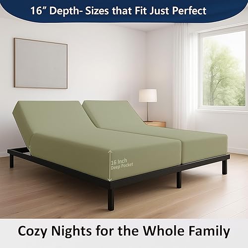 Miniatura 4 de Juego de sábanas divididas tamaño King de 5 piezas, 100% algodón egipcio, bolsillos de 16 pulgadas de profundidad, color salvia sólida, sábanas