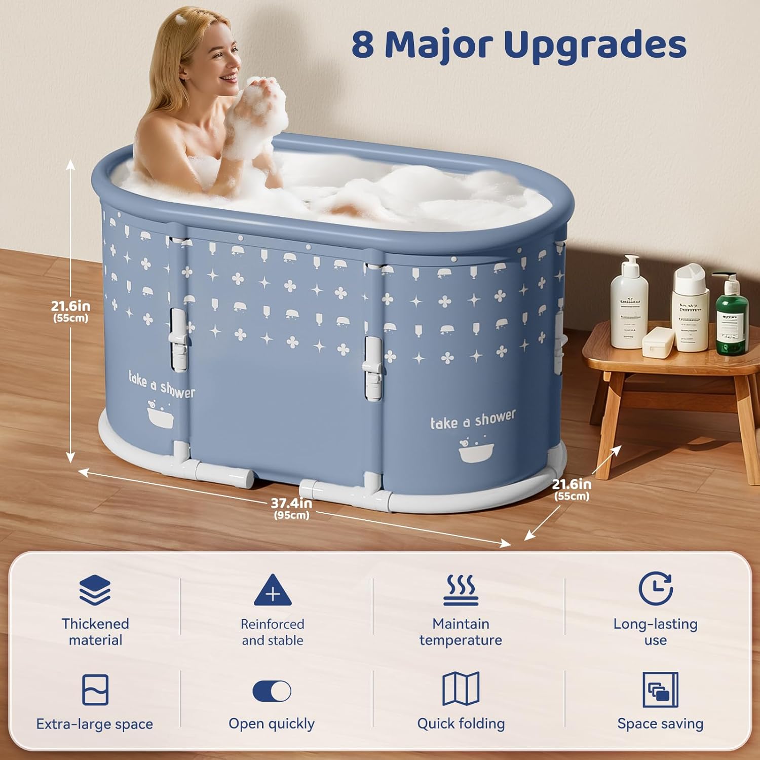 Portable Bathtub, Foldable Bathtub No Installation, Freestanding Shower Bathtubs with Cushion, Collapsible SPA Soaking Bath Tub, Hot & Ice Bath Tub for Indoor Outdoor (Light Gray)