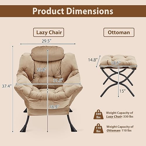 Miniatura 3 de Silla Lazy con otomana plegable, silla decorativa de terciopelo tapizada con estructura de metal y almohadillas antideslizantes, sillón con