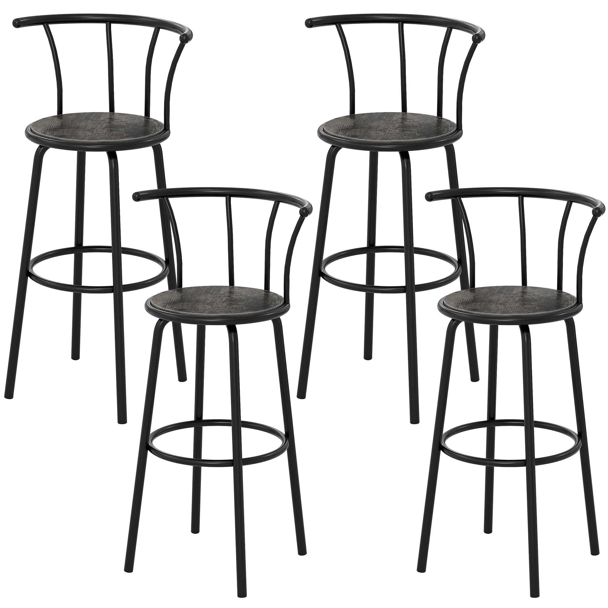 VECELO Bar Stools Set of 4, Swivel Counter Barstools with Backrest, Bar Height Chairs for Dining Room, Kitchen Island, Pub, Easy Assembly, Vintage
