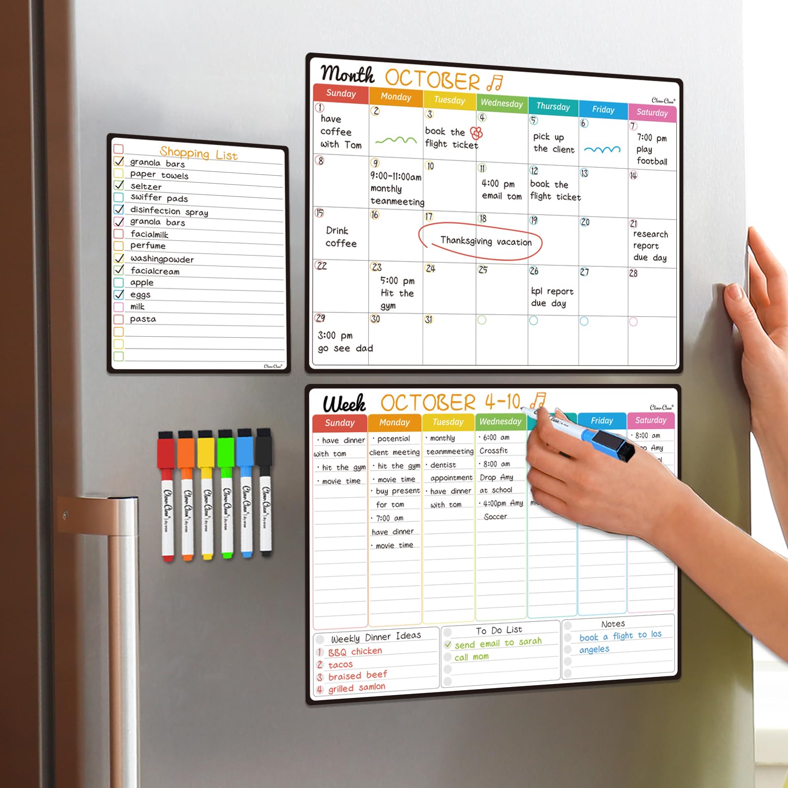 Calendrier mensuel magnétique effaçable à sec – Calendrier mensuel et hebdomadaire de 36,8 x 27,9 cm, tableau d'affichage de 16,5 x 21,6 cm pour réfrigérateur – 6 marqueurs à pointe extra fine inclus