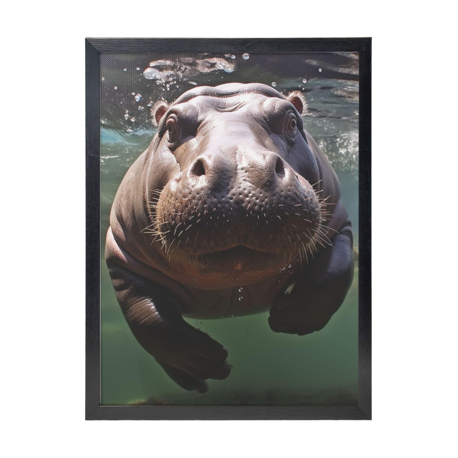 Framed Wall Art - Decorative Canvas Painting Diving Hippo Pictures Poster Aesthetic Modern Prints Artwork for Bedroom Office Wall Decor Ready To Hang 12x16 in
