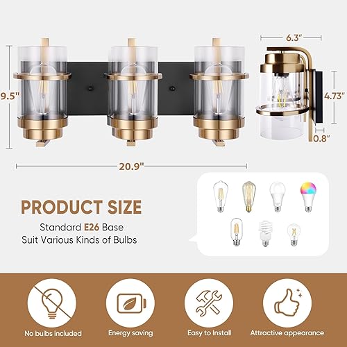 Miniatura 4 de Luces de tocador de baño de oro negro, 3 luces de baño, apliques de pared industriales modernos de latón, 3 luces, luces de pared de baño (bombillas