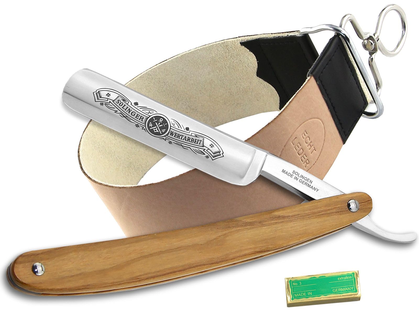 Solingen Rasiermesser-Set Profi Qualität für die sanfte Rasur - Premium Rasiermesser aus Solingen Olivenholz mit Lederriemen und Paste - Komplett Set als Herren Geschenk Set