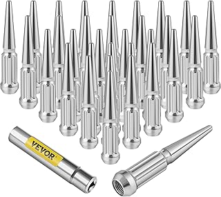 VEVOR M14x1.5 Spike Lug Nuts, 32 PCS Chrome Spiked Lug Nuts 14mmx1.5, 4.4" Tall Closed End Acorn Wheel Lug Nut w/ 1 Socket Key, Compatible with Chevy Silverado 1500 2500 3500, Ford GMC Sierra, Silver