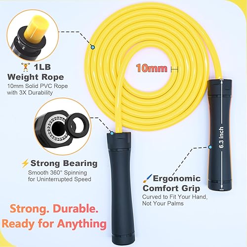 Miniatura 3 de Weighted Jump Rope, 1LB Tangle-Free Ball Bearing Rapid Speed Skipping Rope for Men Women, Adjustable 9mm Cotton & PVC Rope with Alum Handle for
