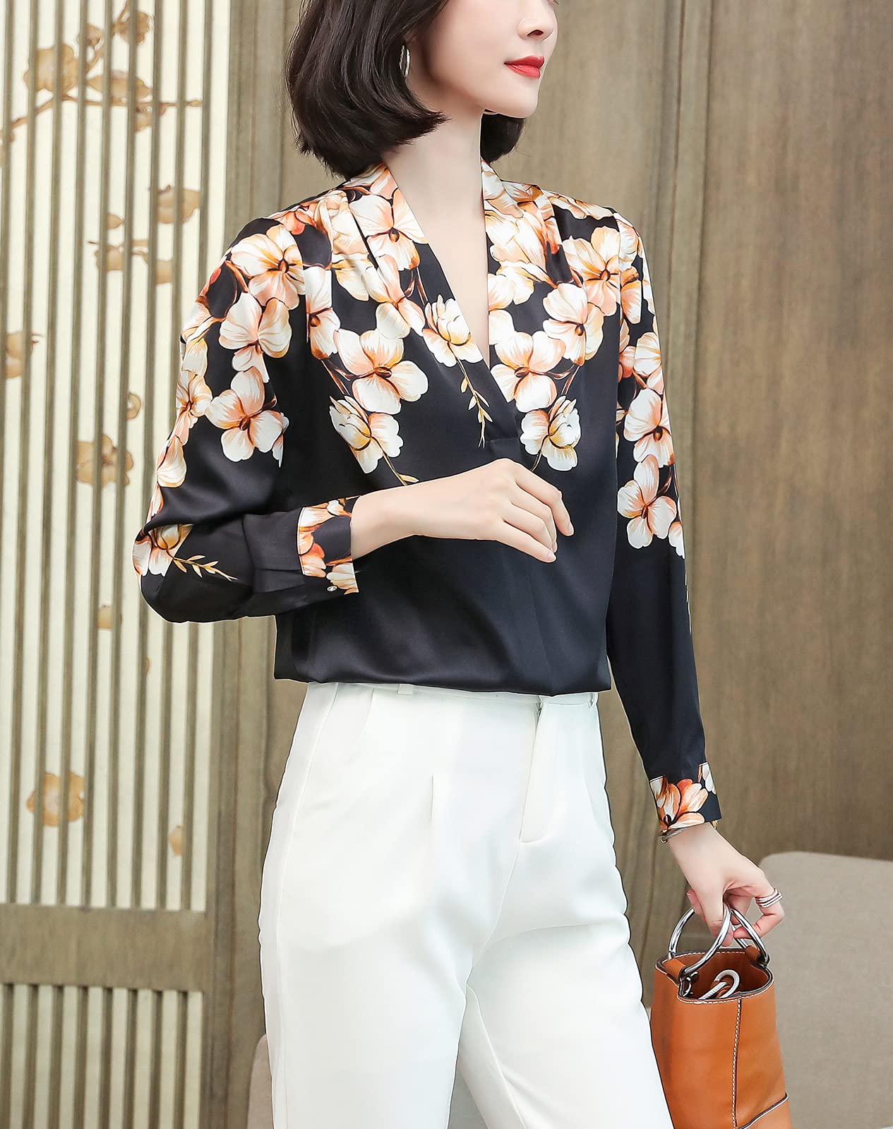 Valin Blusa de seda para mujer con estampado de puente, blusa de manga larga con cuello en V, blusa de seda,S9097