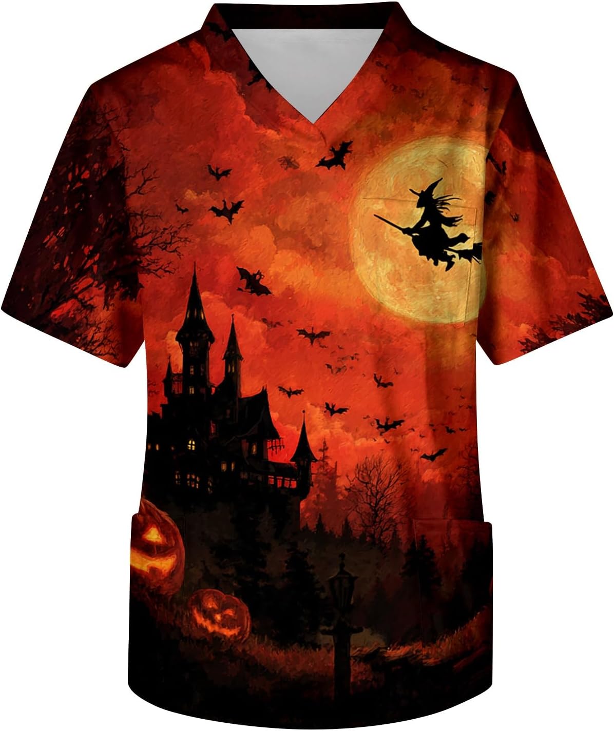 Scrubs for Men Halloween Pumpkin Bats Print V Neck Plus Size Nurse Scrub