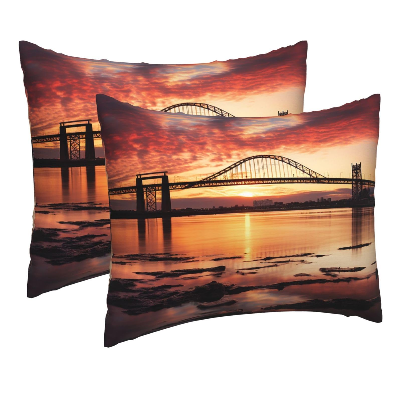 2 Pack Pillow Cases with Hidden Zipper, Soft Breathable Pillow Covers for Hair and Skin, Newark Bay Bridge and Sunset Pillowcases 16"x20" Bed Pillow Protectors Cover for Sleeping Gifts
