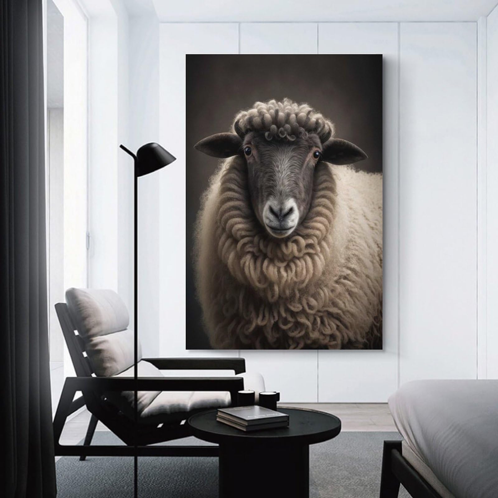 Junmoney Sheep Portrait on Dark Hanging Wall Art, 24x36inch(60x90cm), for Entryway, Lounge Links Or Small Walls, Home Artwork for First Impressions