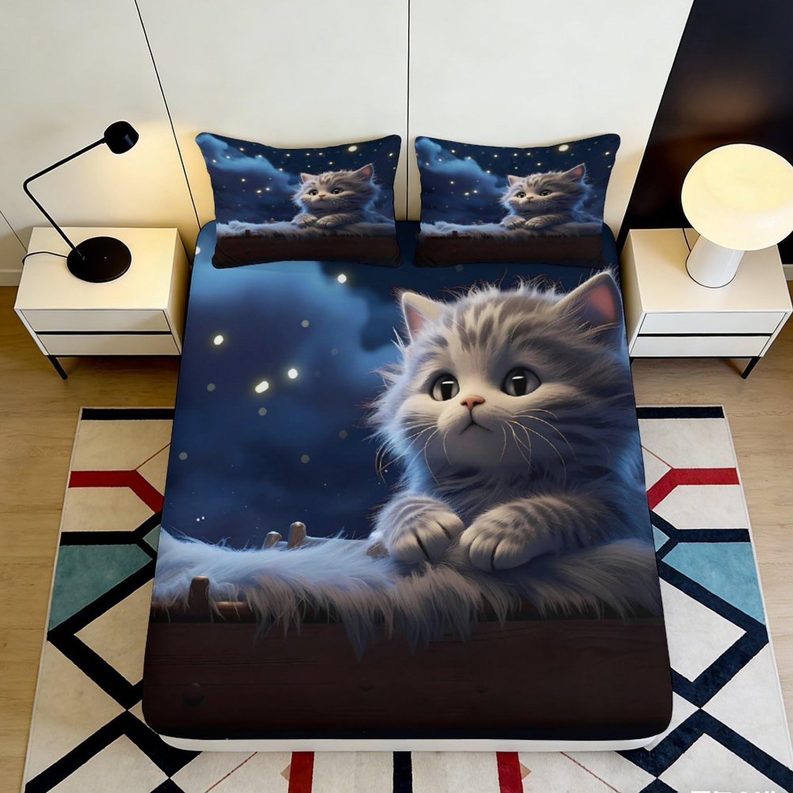 3D Printed Night Cat Fitted Sheet Microfiber Deep Pocket Non-Slip Bedroom Bedding Starry Cat Mattress Fitted Cover Washable 140x200x25cm