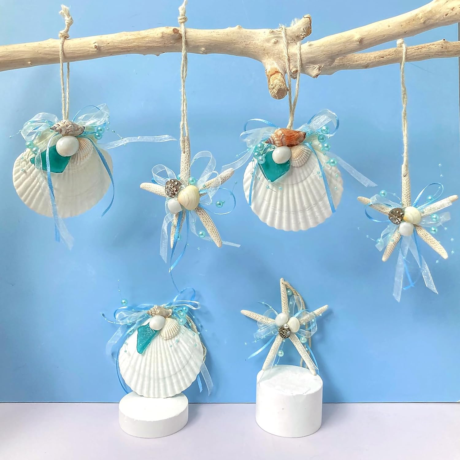 Beach Seashell Starfish Christmas Ornaments 6PCS Handmade Natural Sea Shells & Starfish for Crafts, Christmas Decorations, Coastal Beach Nautical Hanging Ornaments - Image 2