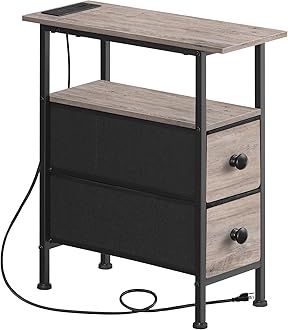 HOOBRO End Table with Charging Station, Narrow Side Table with 2 Fabric Drawers, Skinny Nightstand with Storage, Slim Bedside Table for Living Room, Small Spaces, Greige and Black BG487UBZ01