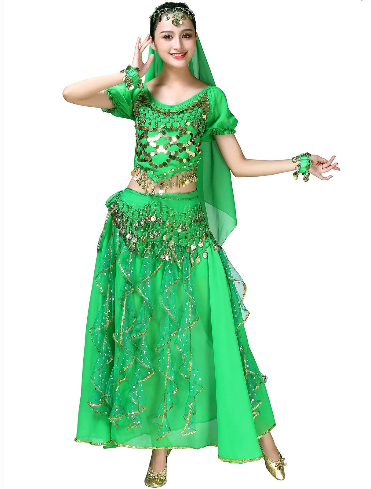ORIDOOR Women Belly Dance Dress Indian Halloween Costume Chiffon Skirts Shiny Belly Dance Suits 5-Piece Outfit-image-17