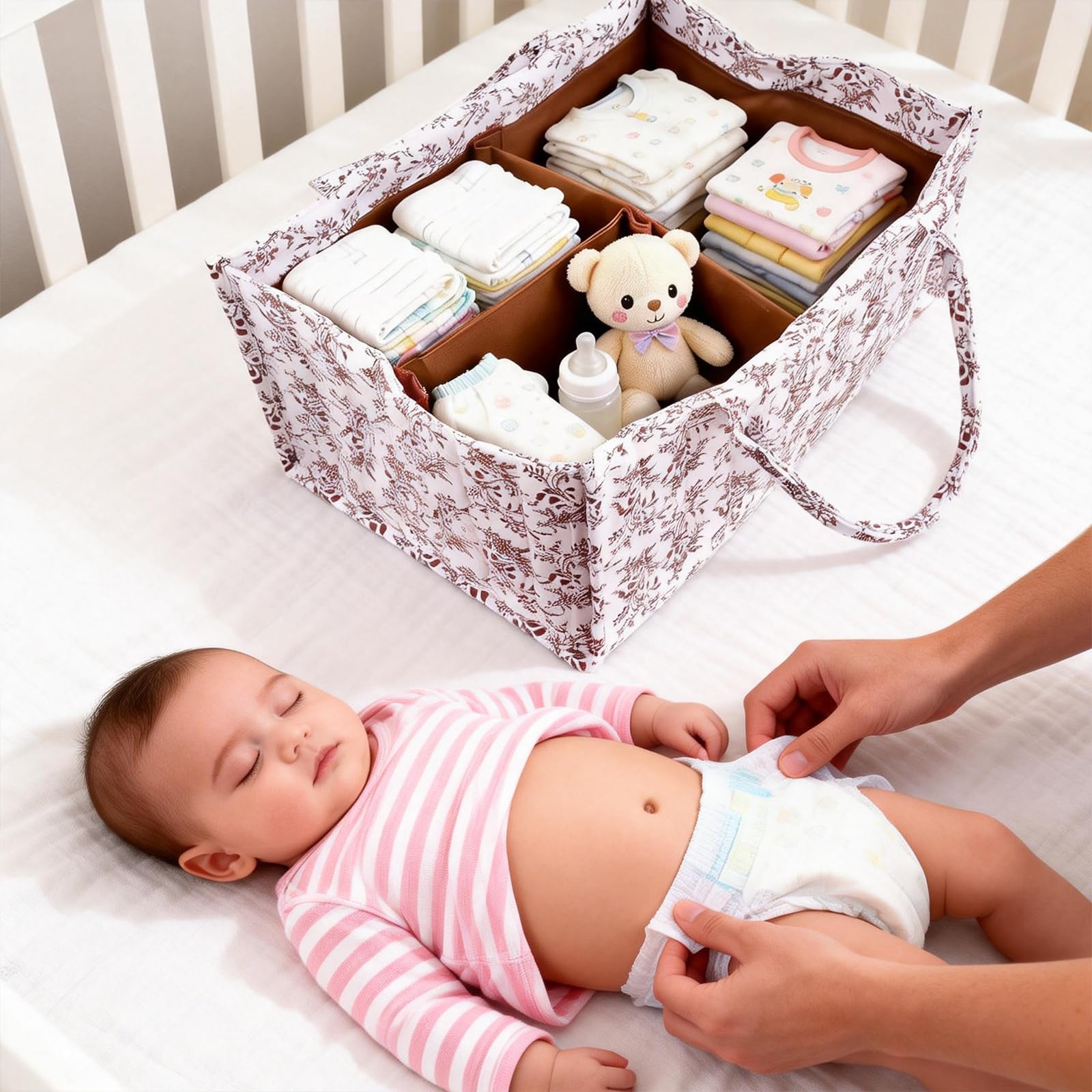 Organiseur de Couches pour Bébé – Panier de Rangement Élégant pour les Essentiels de Nouveau-né, Cadeau de Fête Prénatale pour Fille ou Garçon, Marguerite Pastorale