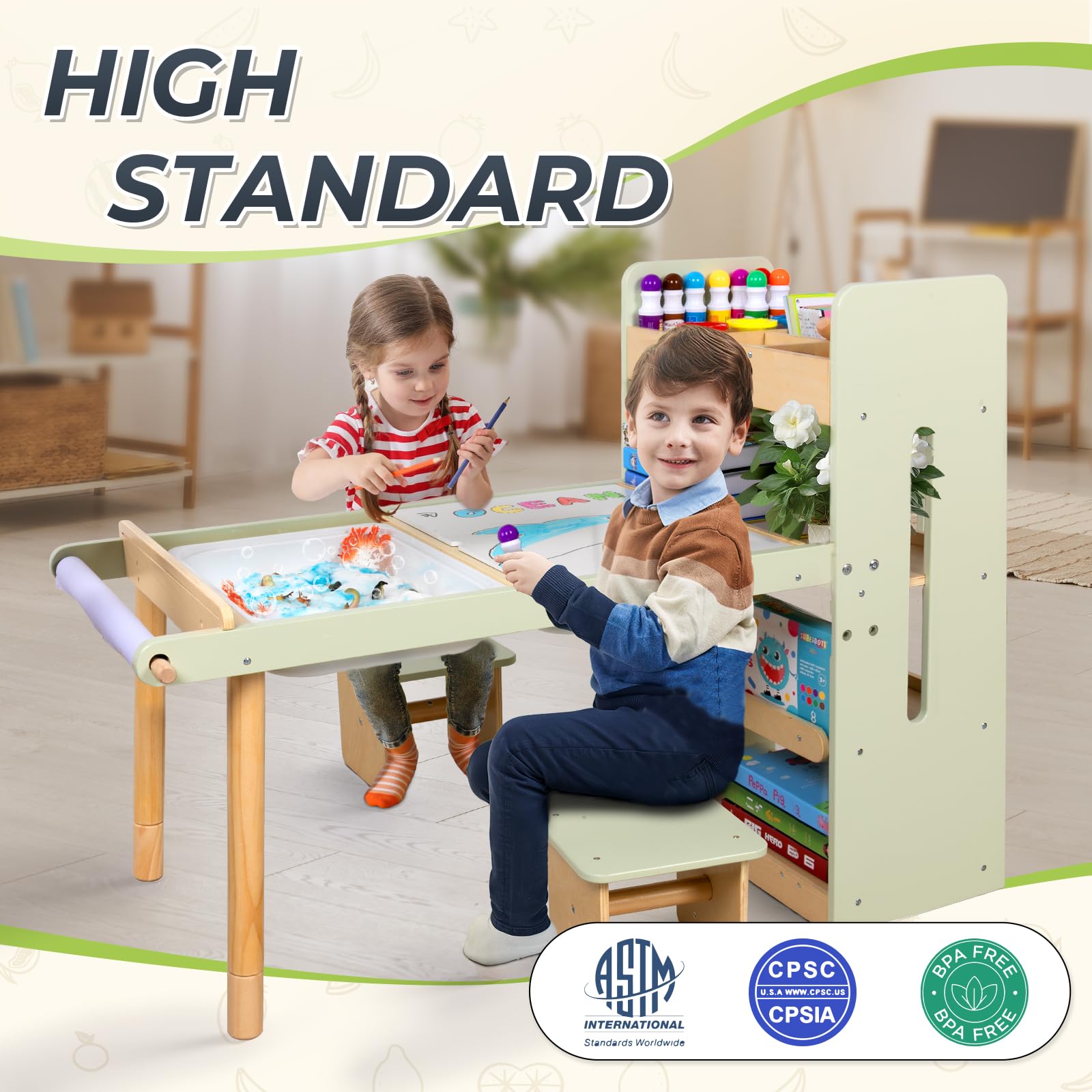 LOL-FUN Kids Sensory Art Table and Chairs Set with Storage Bins & Shelves, Toddlers Activity Table for Ages 3-8 Preschool Sand and Water Play, Drawing Desk with Blackboard Whiteboard