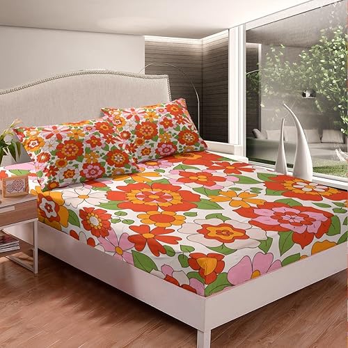 Miniatura 3 de Groovy - Sábanas de flores con bolsillo profundo, sábana bajera ajustable de 60S, 70S, 80S, diseño de flores hippie bohemio, juego de sábanas retro