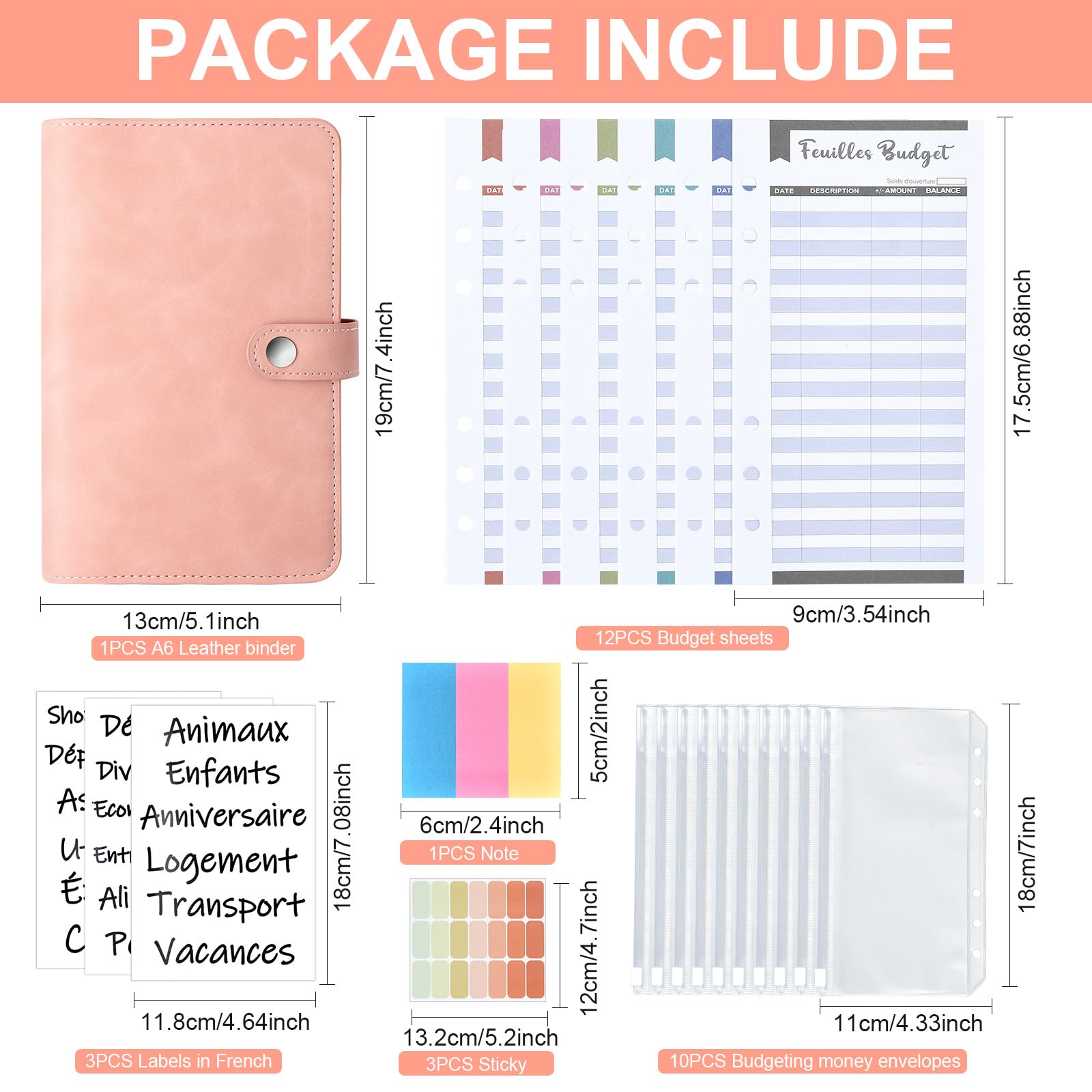 Classeur A6 en PU Cuir Budget Planner avec 10 PVC Enveloppe Budget, 12 Feuilles Budget, 3 Autocollants