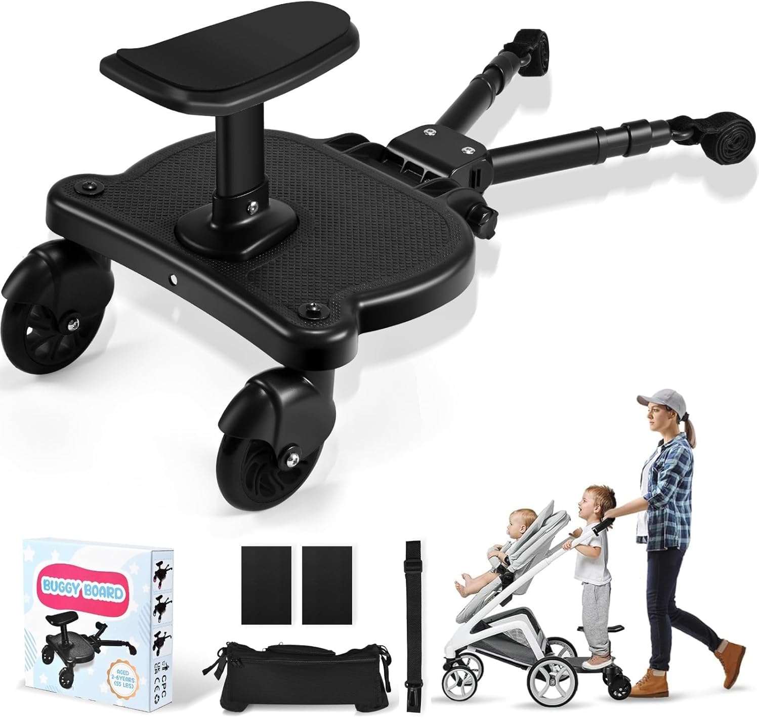 JoyCushy Buggy Board with Seat, Universal Buggy Board with Pram Organiser Bag, Kiddy Boards for Children from 2-6 Years (Load 25 Kg), Fits 99% of Strollers
