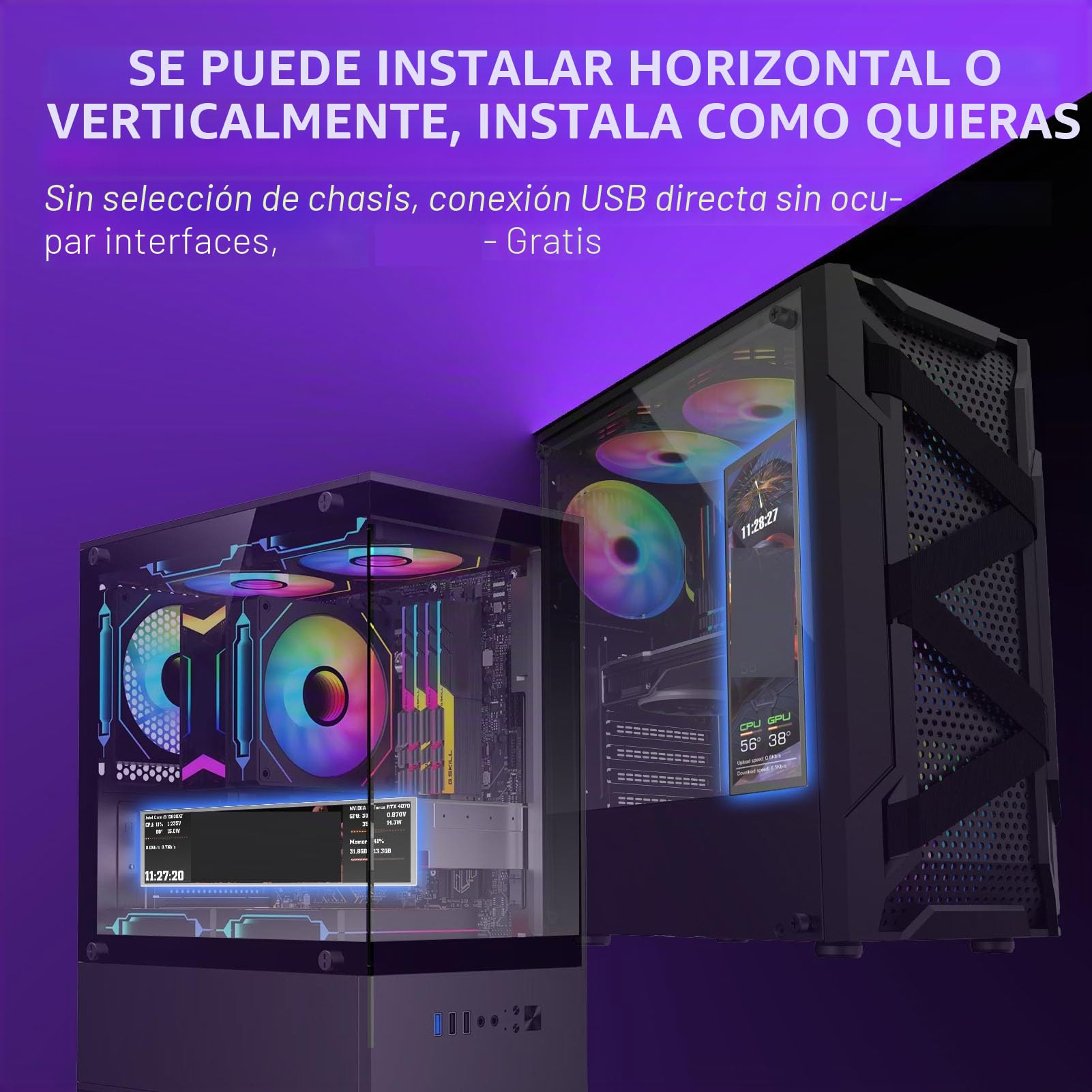 Pantalla Secundaria de la Caja de la Computadora de 9.2 Pulgadas, Modo Vertical Horizontal, Tema de Video Dinámico, Panel de Visualización de Temperatura (Black)