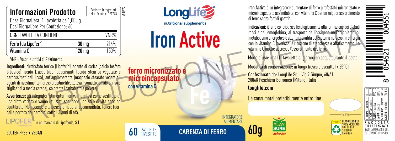 LongLife® Iron Active | Ferro Micronizzato e Microincapsulato | con Vitamina C | Tollerabilità gastrica | Ricarica e riduzione stanchezza | 2 mesi di trattamento | Vegano e senza glutine