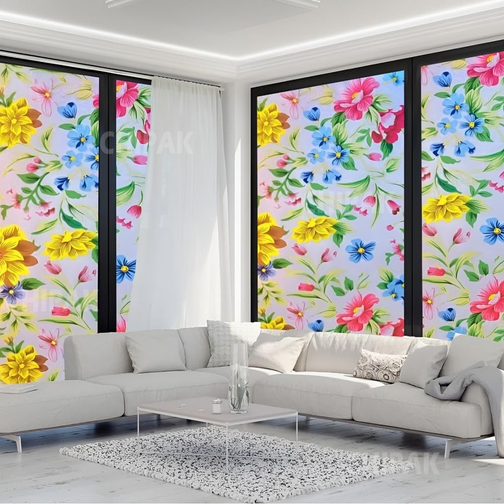 CHIPAK Premium Vinyl Privacy Stained Window Glass Film (16x36 Inch) - Self-Adhesive Decorative Sticker Opaque Sheet Tint Wallpaper for Glass Cover Window, Door, Office, Home.| Anti-UV. Peppy Flowers — Amazon image 6