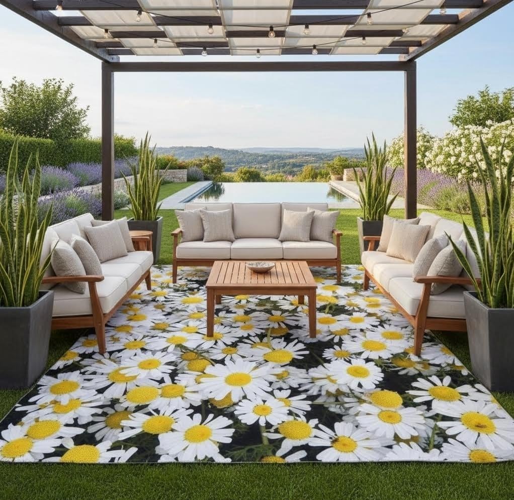 3D Daisy Floral Modern Cute Indoor Outdoor Rug for Patio Deck Backyard Balcony Yellow White Funky Waterproof Reversible Carpet Mat Camping Rv Picnic Floor Rug 4x6