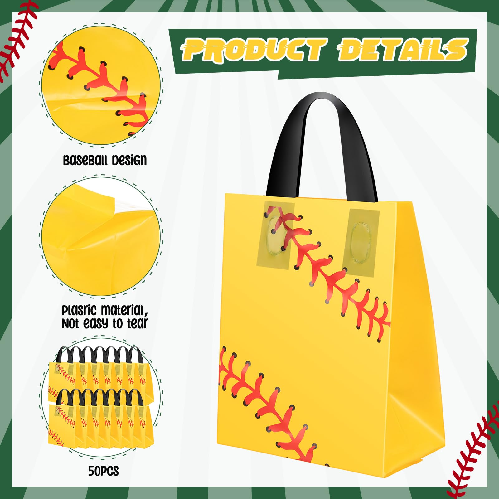 Silkfly 50 Pack 6 x 8 Inch Softball Snack Bags Plastic Small Softball Print Goodie Gift Party Favor Bags for Sport Theme Party Decorations Game Celebration Supplies