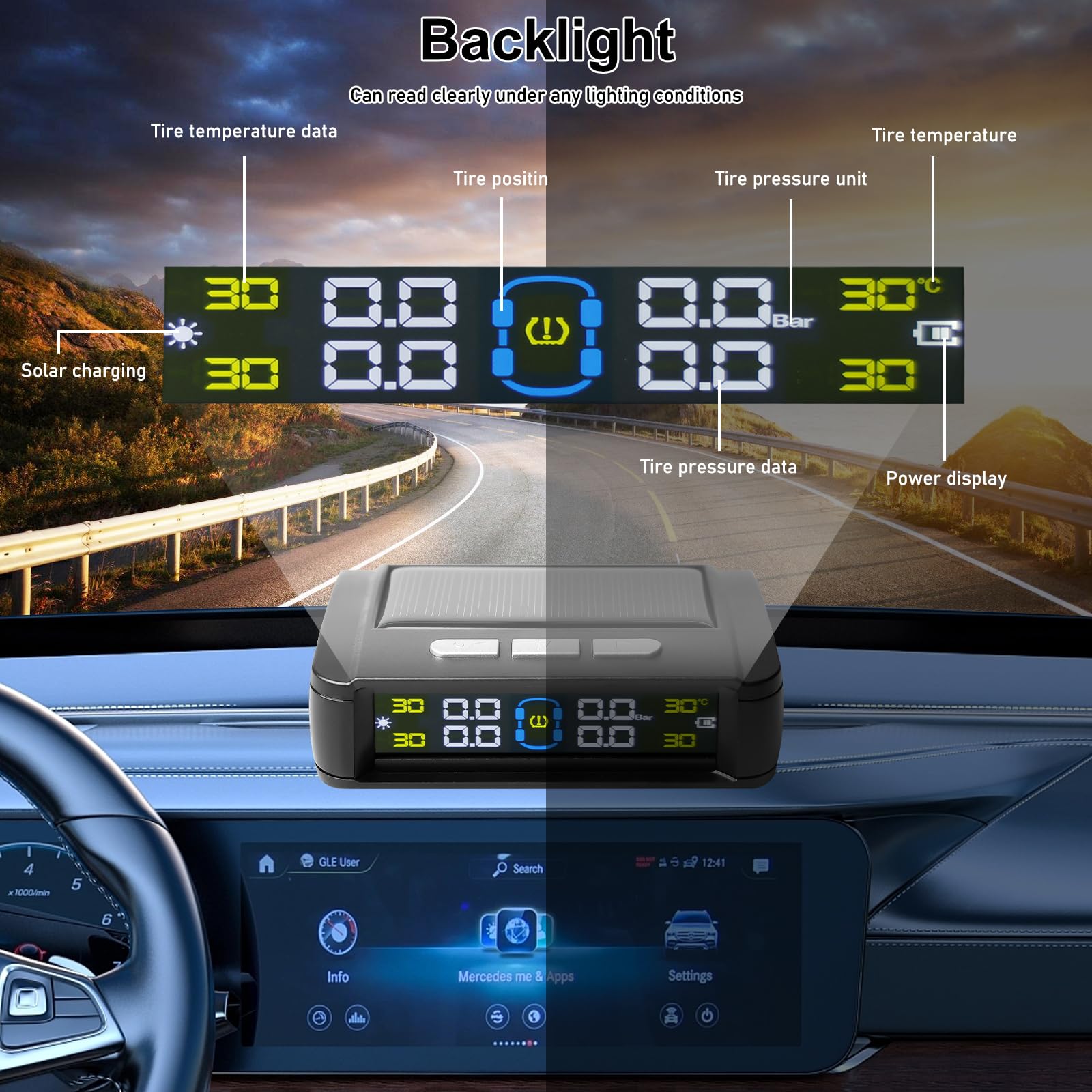 Aicharynic TPMS Reifendruckkontrollsystem, Solar Kabelloser Reifendrucksensor mit 4 Externen Sensoren IPX7, 3,5" Solar Display & USB-C Ladung für LKW/Anhänger, Druckbereich 0-5 bar