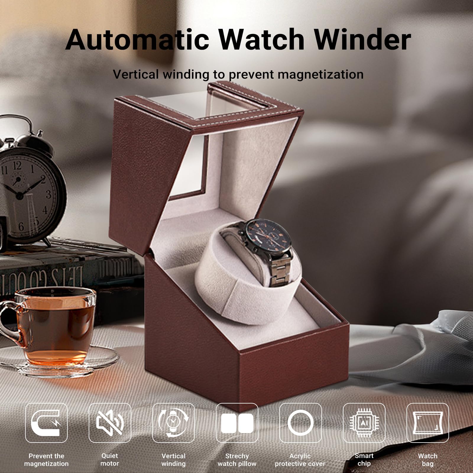 Lian Remontoir de montre simple avec moteur silencieux pour homme et femme - Boîte de rangement rotative automatique pour montres mécaniques - Motif cuir de crocodile - Noir (marron)