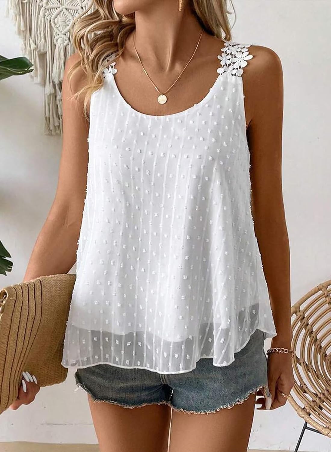 Womens Tank Tops Flowy Sleeveless Summer Boho Tank Top for Women Casual Crewneck Strap Lace Camisole Shirts - Image 2