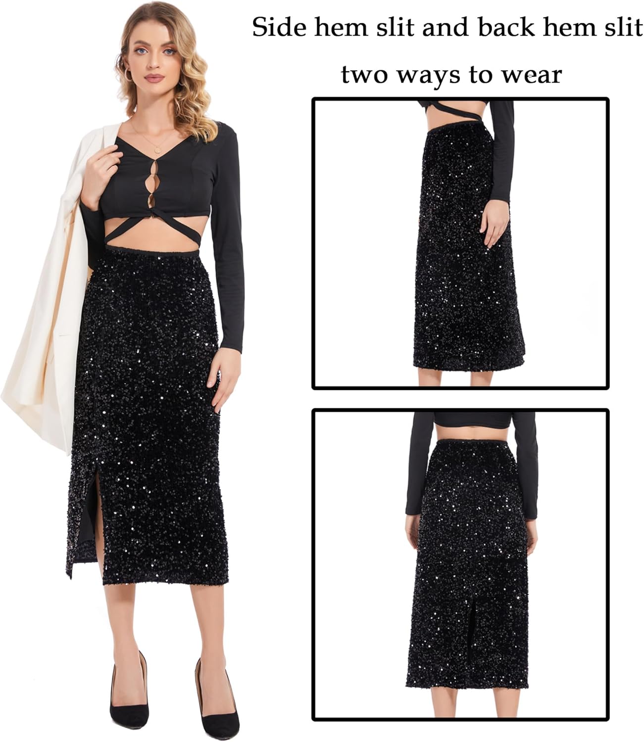 Women’s Sequin Velvet Skirt Elastic High Waist Sparkle Split Hem Night Out Party Maxi Skirt - Image 3