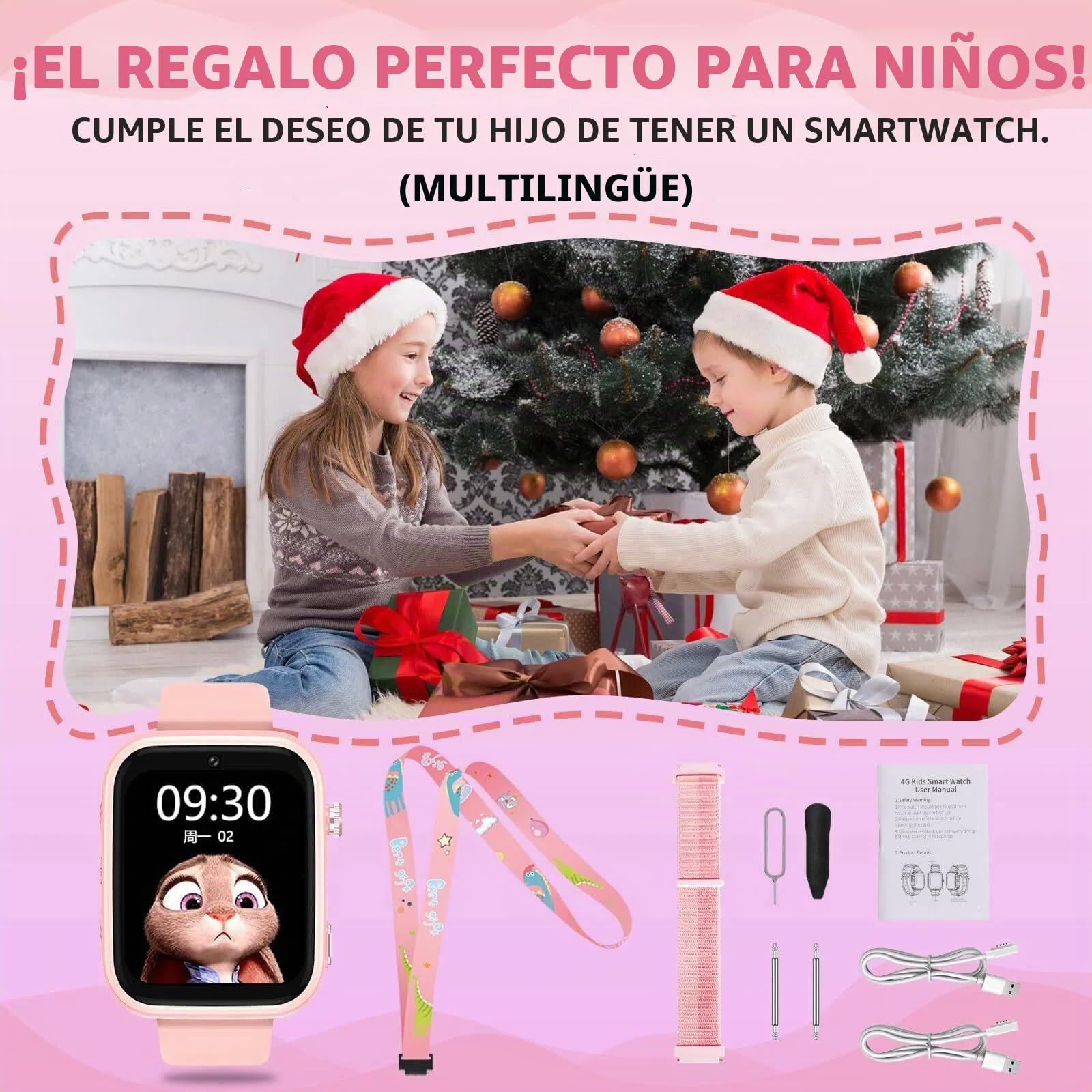 OKYUK Reloj Inteligente para niños 4G con rastreador GPS, Llamadas bidireccionales, Reloj Inteligente SOS con múltiples Estilos de Escritorio para Elegir, para niños de 6 a 12 años (Rosa)
