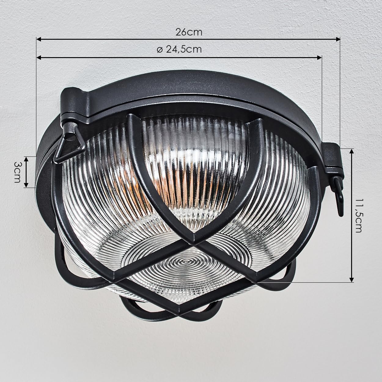 HOFSTEIN lampada da soffitto per esterni Godel, in metallo/vetro ondulato nero/trasparente, design industriale/retrò/vintage ingresso, balcone, terrazza, E27, IP44