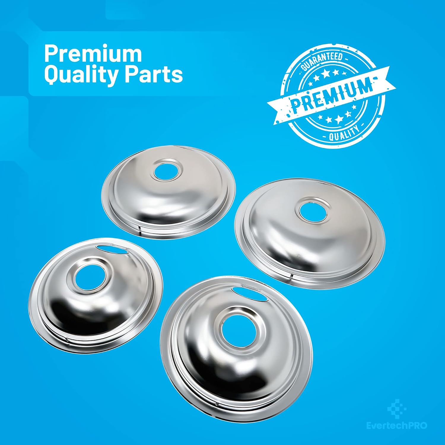 EvertechPRO 4 Pack Stove Drip Pans for Electric Stove Top - 2 Small 6 Inch & 2 Big 8 Inch, Fits Frigidaire & Fits Kenmore, 316048413 316048414, Durable, Universal, All-in-One, Silver, Chrome Plated