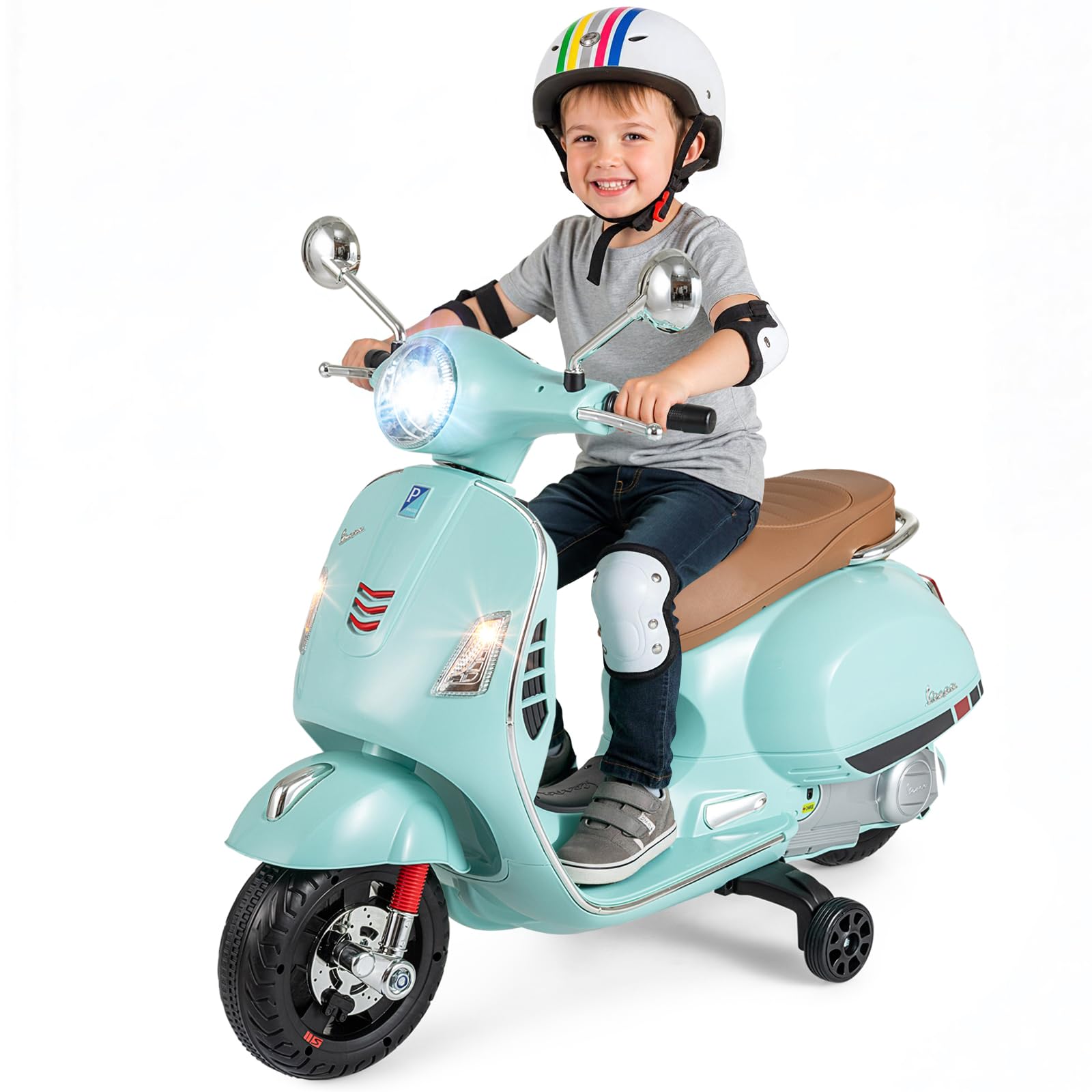 COSTWAY 12V Vespa Moto Électrique Enfant avec Musique Klaxon Histoires Phares LED, Voiture Électrique Enfant avec Roues d'Entraînement Amovibles et Pédale, 2-3 km/h, Charge 30 kg, 3-6 Ans (Vert)