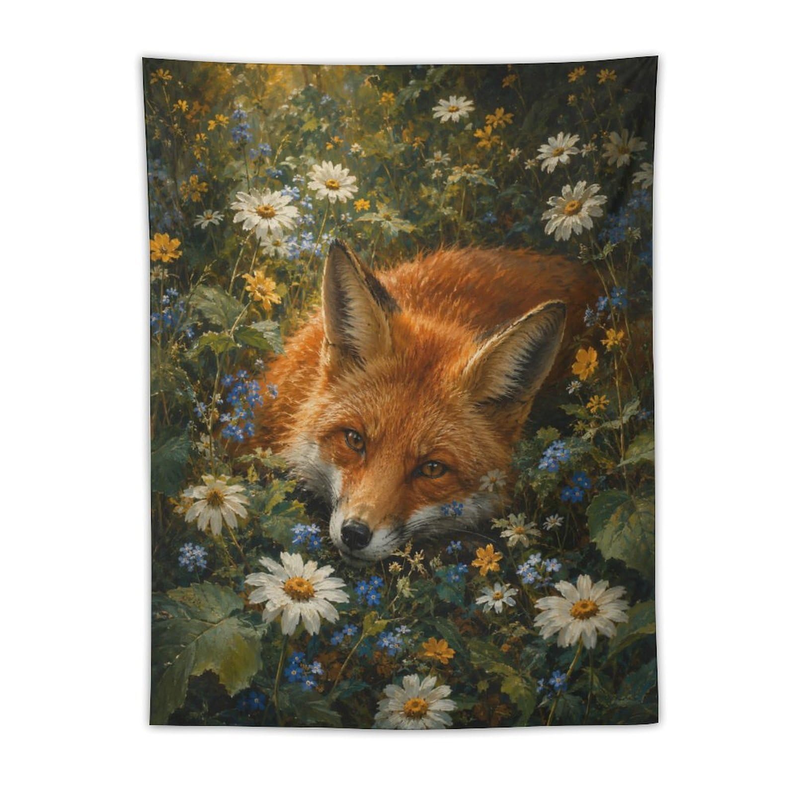 W7C8U2X3 Fox Wildflower Wall Tapestry, Realistic Illustration, Sofa Area