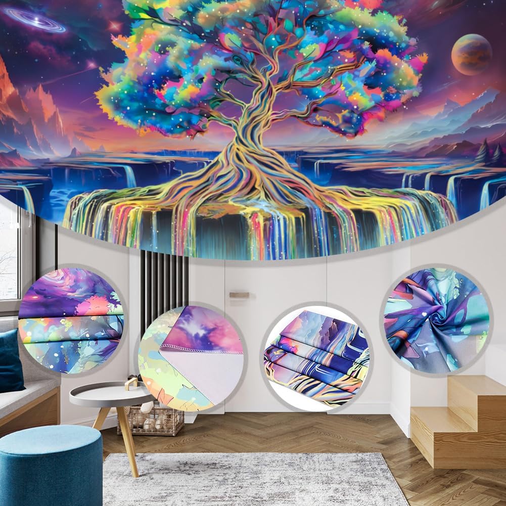 Obsecolors Blacklight Tree of Life Tapestry UV Reactive Waterfall Tapestry Galaxy Space Aesthetic Tree Wall Tapestries Colorful Starry Sky Tapestries Wall Hanging for Bedroom