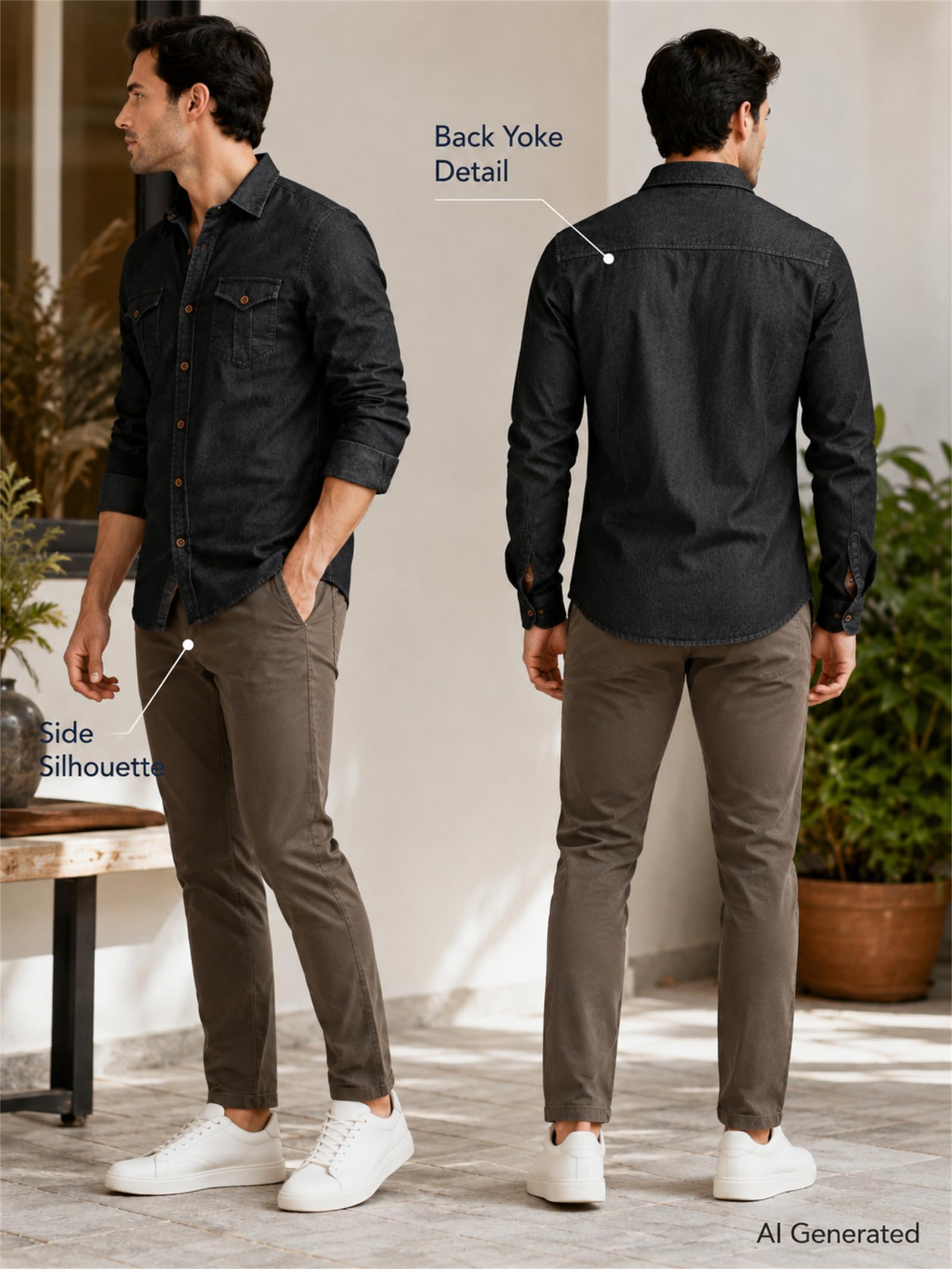 Camicia casual da uomo in denim, a maniche lunghe, con bottoni, vestibilità