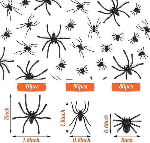 Miniatura 2 de Labeol 160 arañas falsas, 3 tamaños de araña falsa de plástico realistas para Halloween, accesorios de broma, juguetes de miedo negros para