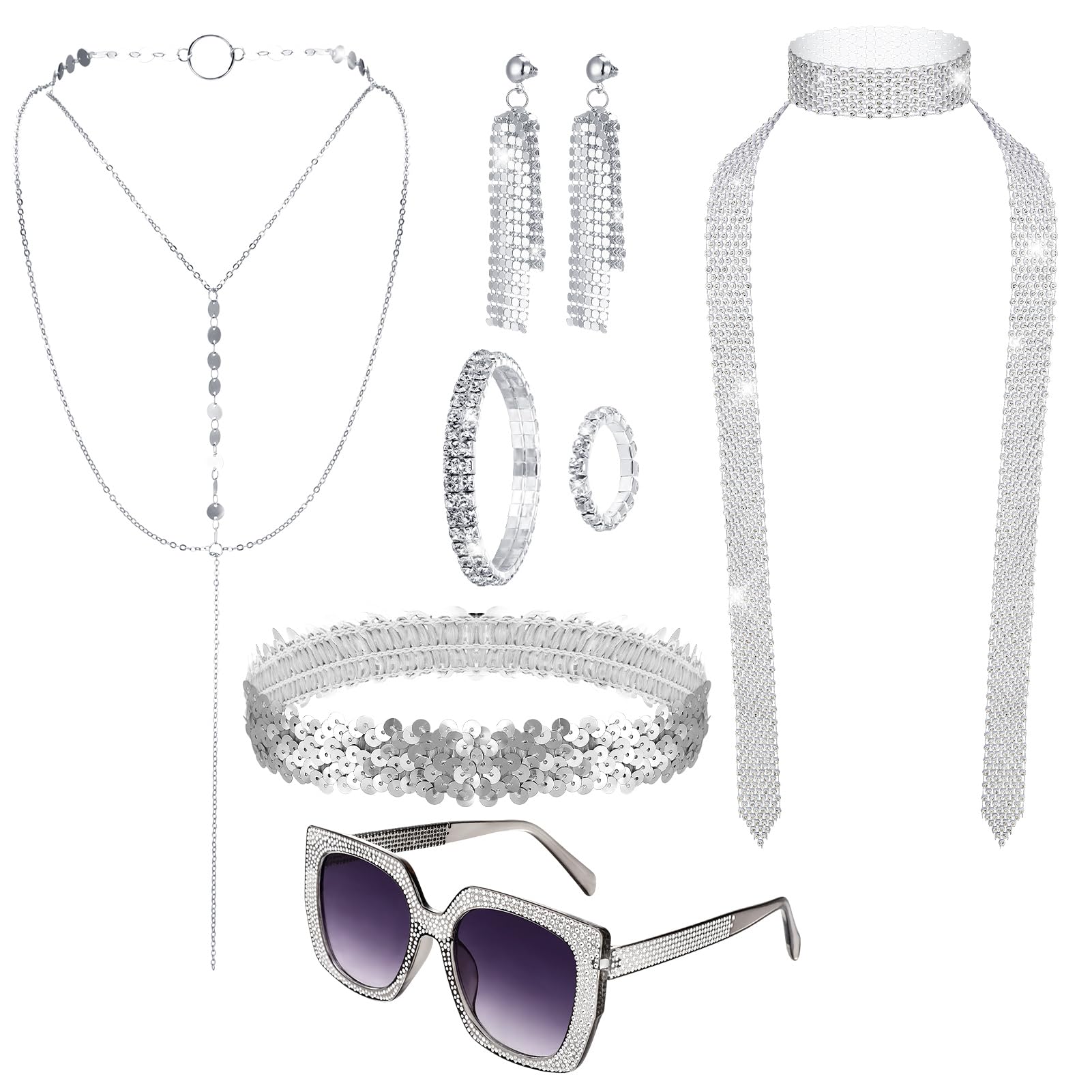 Invalidism 8 Pcs 70s Abba Accessories Set,1970s Abba Costume Set including Sequin Headband Long Scarf Necklace Bracelet Earrings Ring Sunglasses for Disco Theme Party Hippie Costume