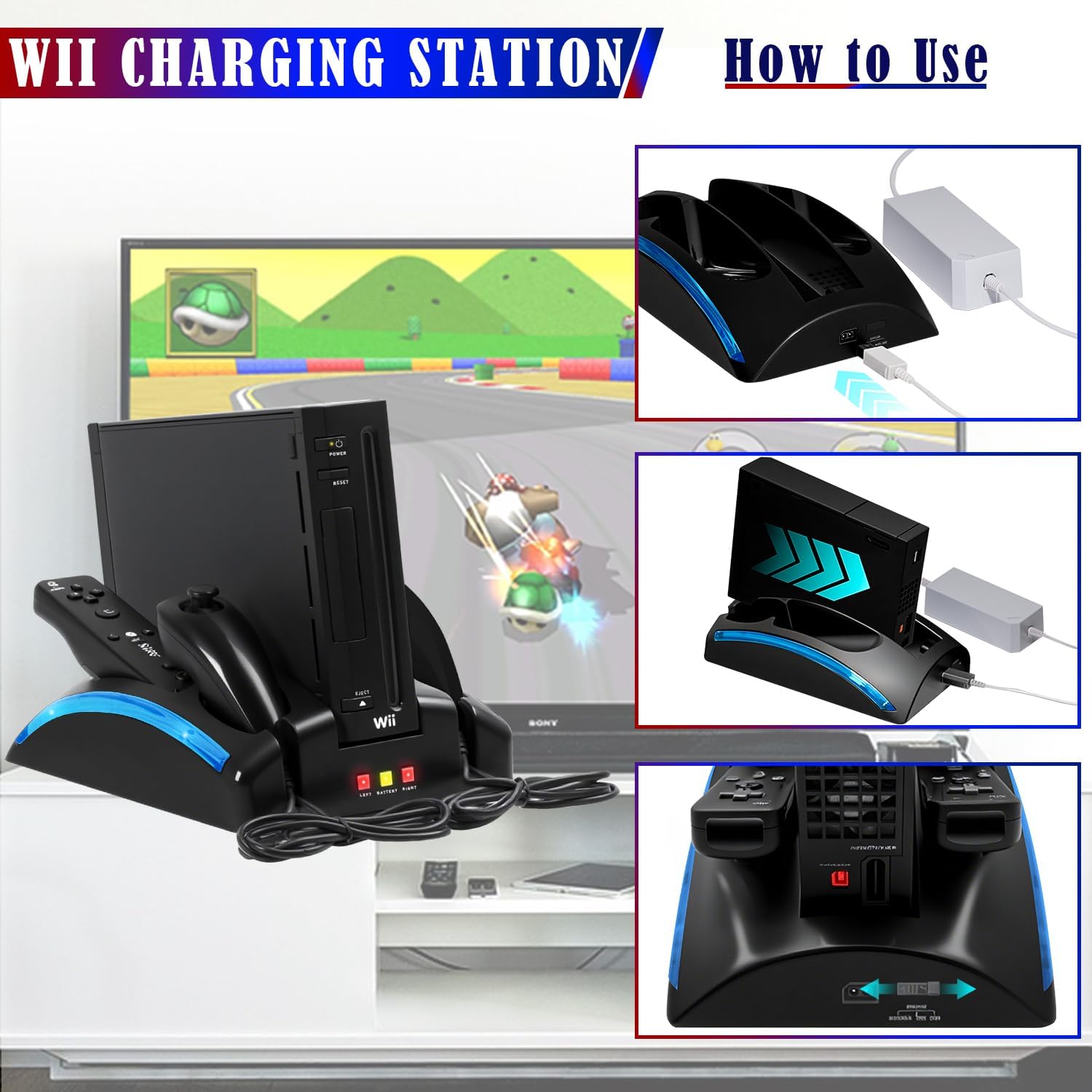 Wii Console Game Organizer Station,Wii Remote Charger Stand Base, 2 Pcs Rechargeable Battery Compatible with Nintendo Console Nunchuk Kit (Black) - Image 5