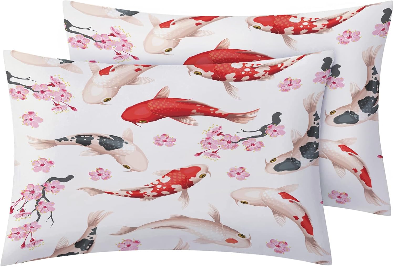 Pillow Case King Size Set of 2, Koi Carp Fish Pillowcase, Japanese Cherry Blossom Pillow Cover, Pink Floral Bed Pillow Cases & Bedroom Decor Pillow Shams with Hidden Zipper