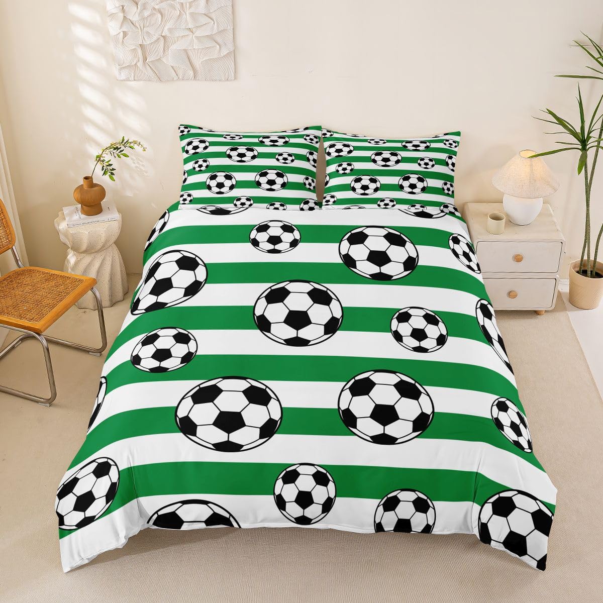 Loussiesd Football Duvet Cover Set Cot Size for Kids Boys Girls Soccer Ball Game Bedding Set Green and White Line Duvet Cover with 1 Pillowcase Geometric Bedding โ image 1