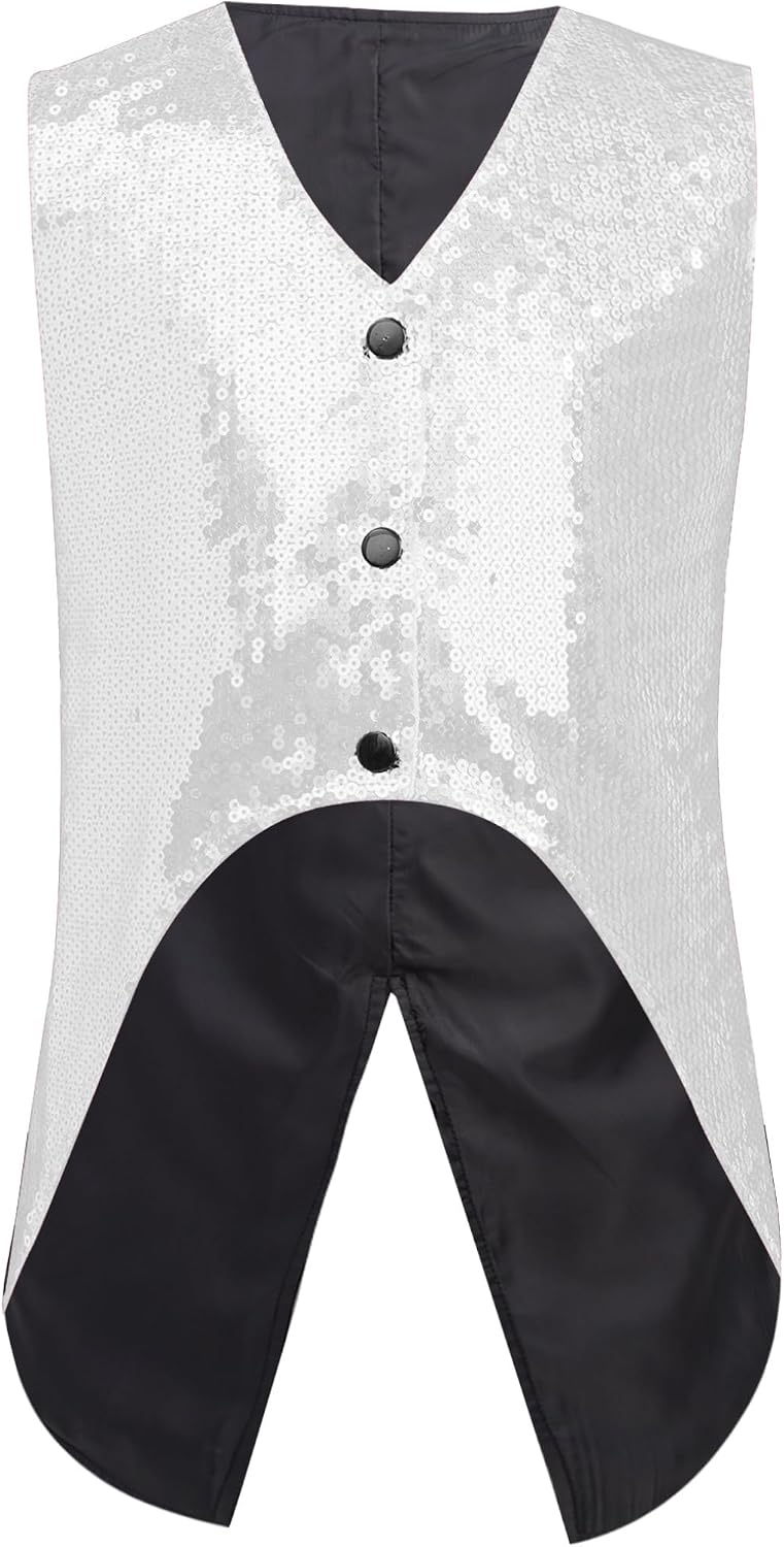 Freebily Kids Boys Sparkly Sequin Tails Vest Sleeveless Tailcoat Jacket Suit Swallowtail Tuxedo Waistcoat