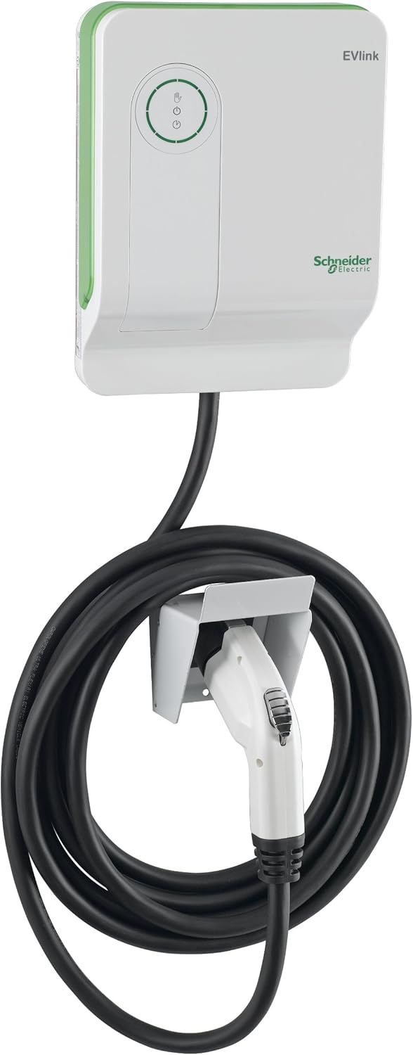 വശം view of the Schneider Electric EVlink EV230WS charging station mounted on a wall with the cable neatly coiled on its holder.
