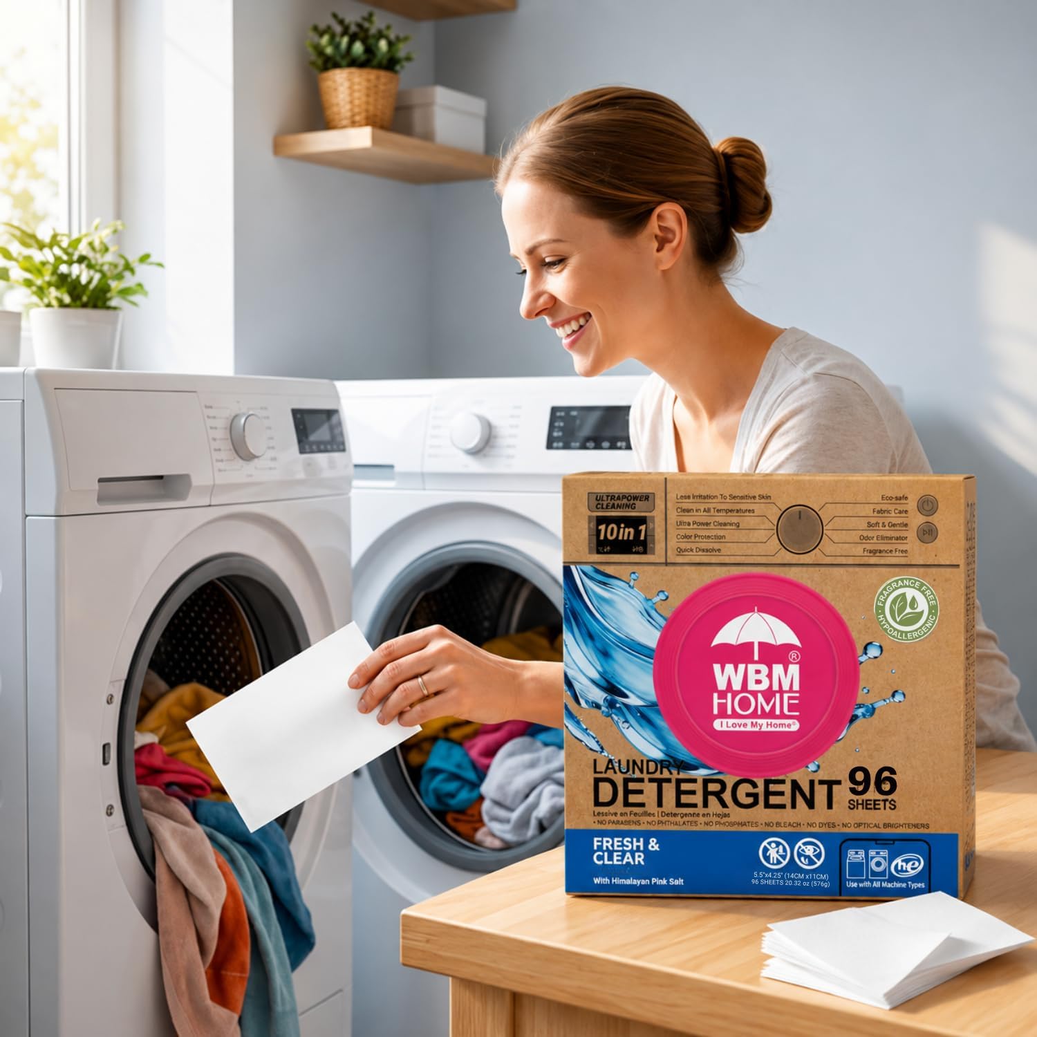 WBM Home Laundry Detergent Sheets, Fragrance Free, 96 Count, Laundry Soap Sheets for HE & Standard Washing Machines, Dissolves in Hot & Cold Water