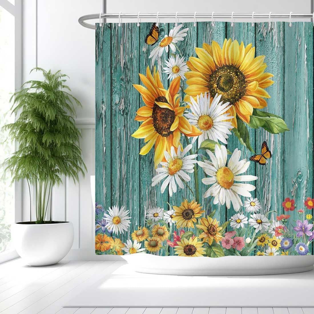 Farmhouse Sunflower Shower Curtain for Bathroom, Rustic Daisy Floral Butterfly Teal Wooded Bathroom Shower Curtain, Waterproof Quick-Dry Polyester Fabric Shower Curtain 60x72 Inches
